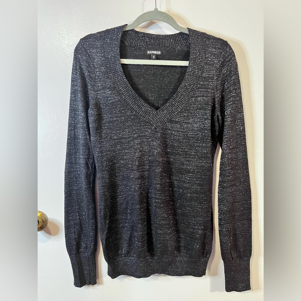 Express Black Metallic V-Neck Sweater